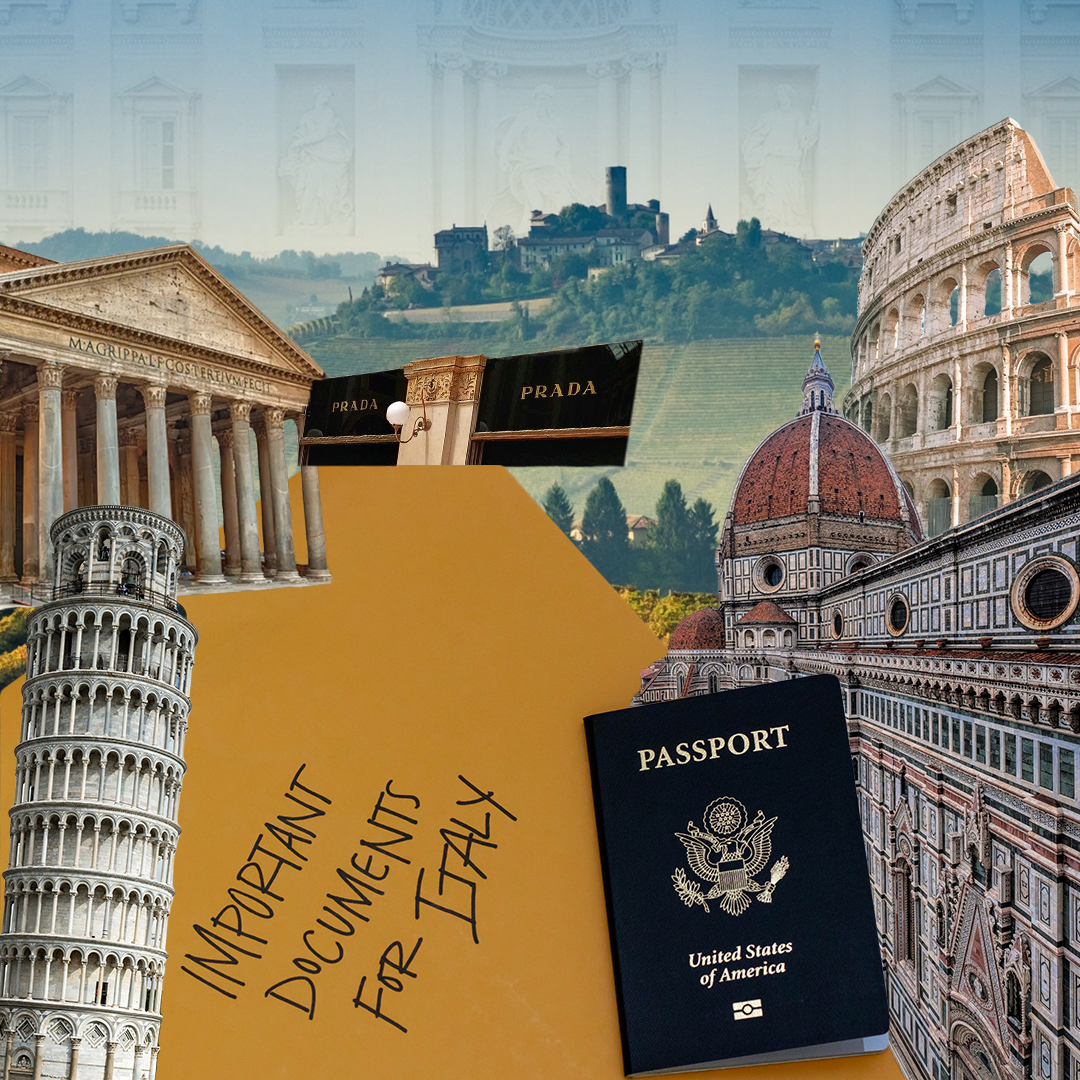 collage of all the most notable landmarks in Italy (Leaning Tower of Pisa, Pantheon, Colosseum, Florence Duomo), United States passport, and a folder with the writing 'Important Documents for Italy'