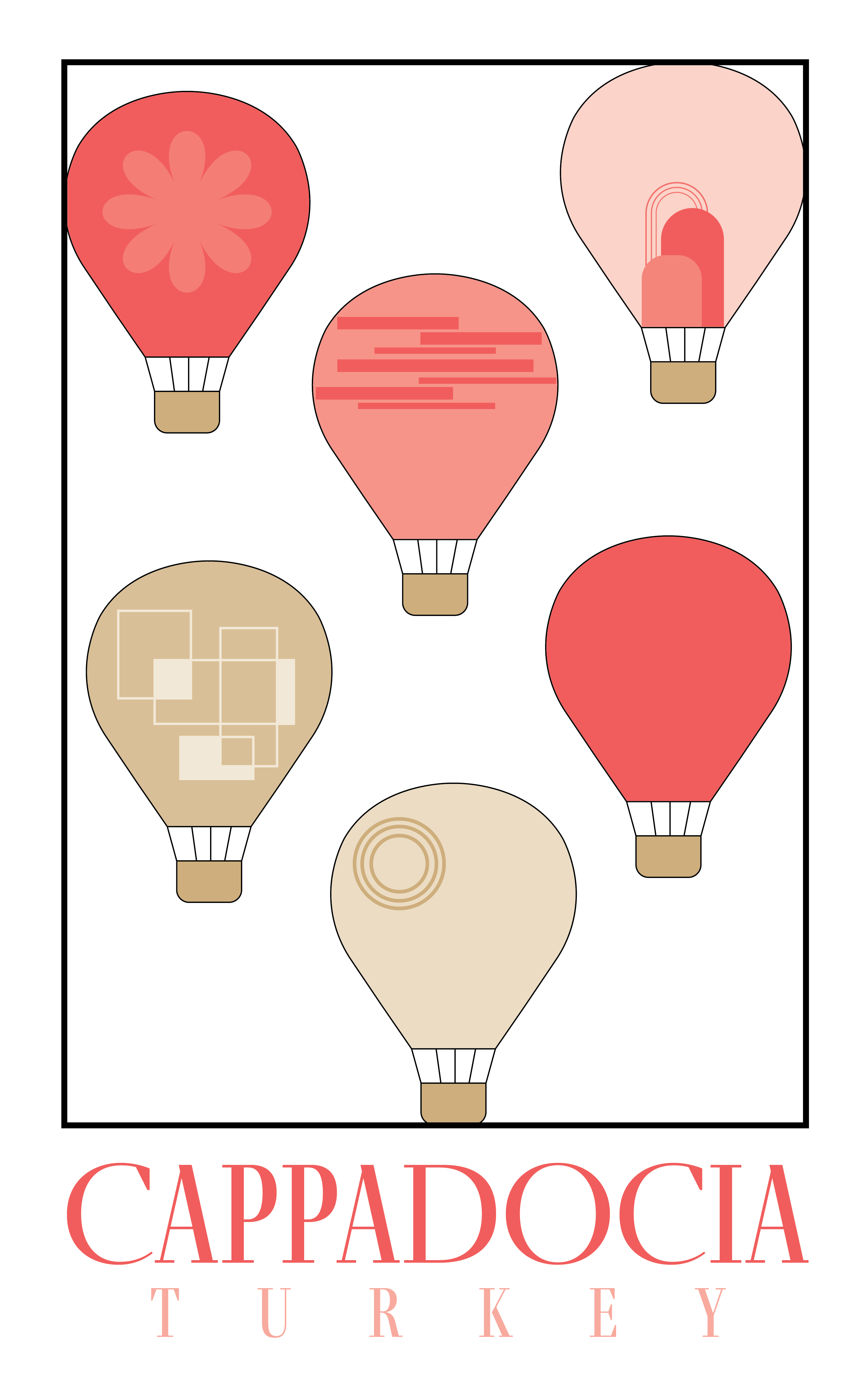 travel poster with cartoon hot air balloons and the caption 'Cappadocia, Turkey'