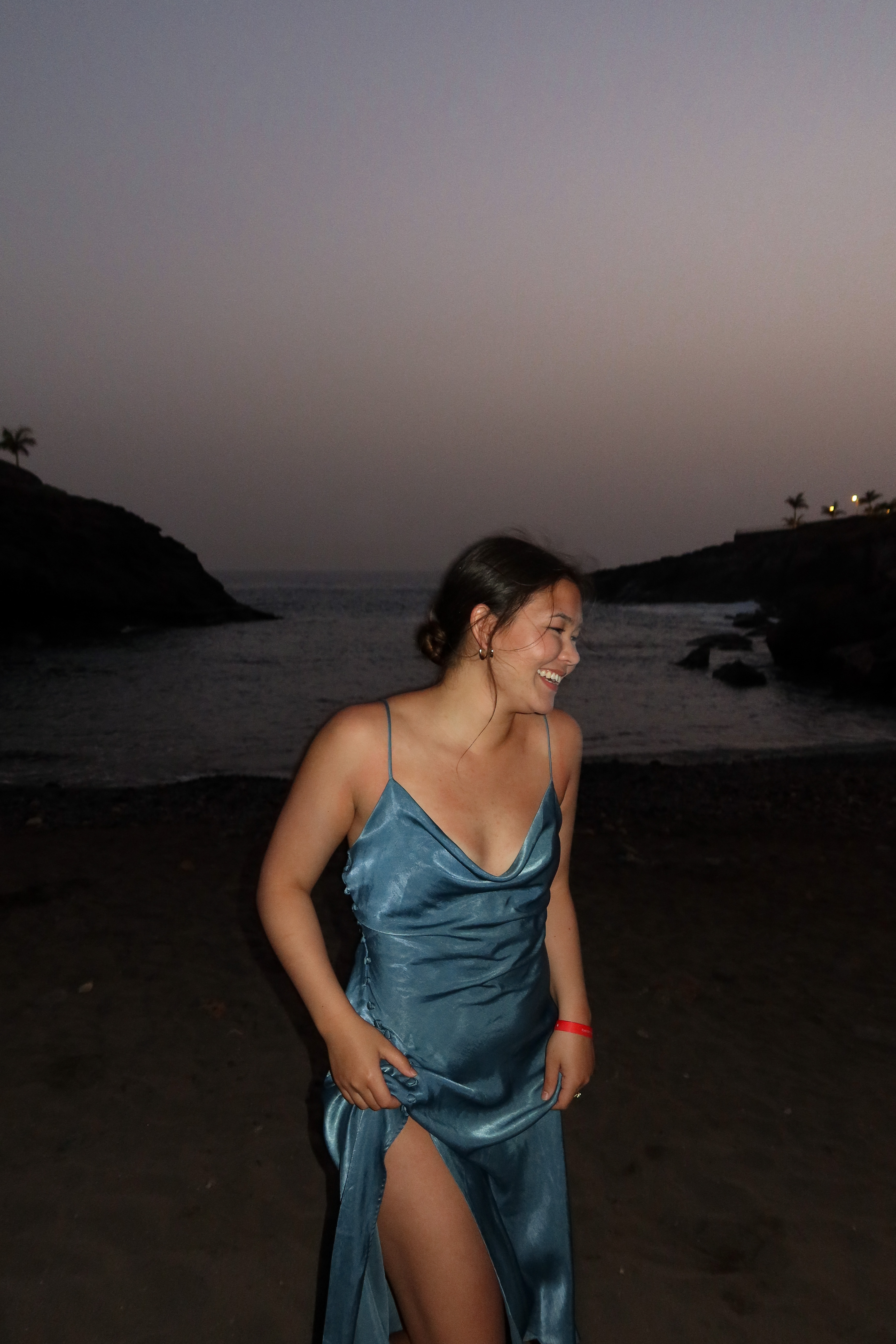 gabrielle koenig, girl with brown hair in teal dress on a beach