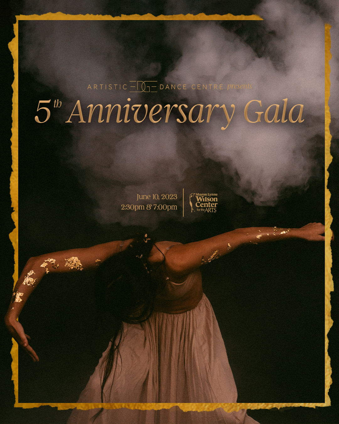 girl looking down wearing gold, black background with smoke, text reads '5th Anniversary Gala' for Artistic Edge Dance Centre