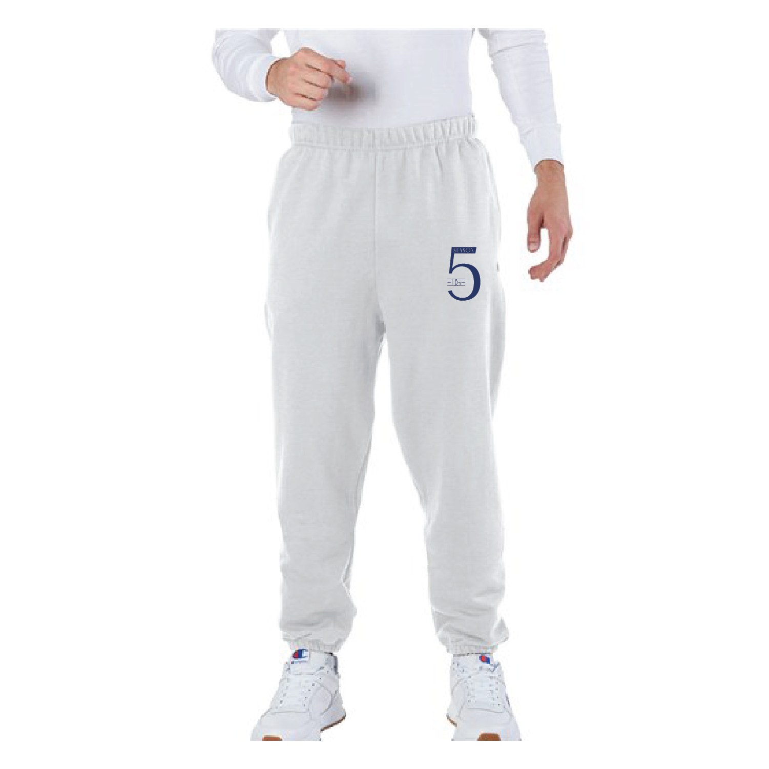 grey sweatpants that have a graphic on the pant leg including the number 5
