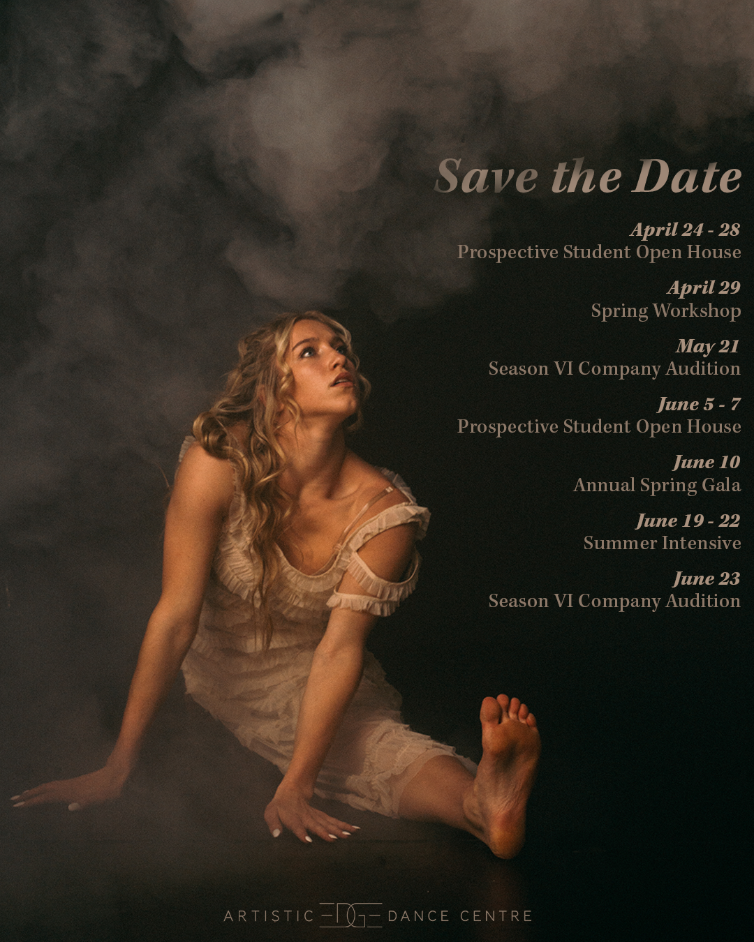 girl with blonde hair in the splits, black background with smoke, text reads 'Save the Date' to promote upcoming dates for Artistic Edge Dance Centre