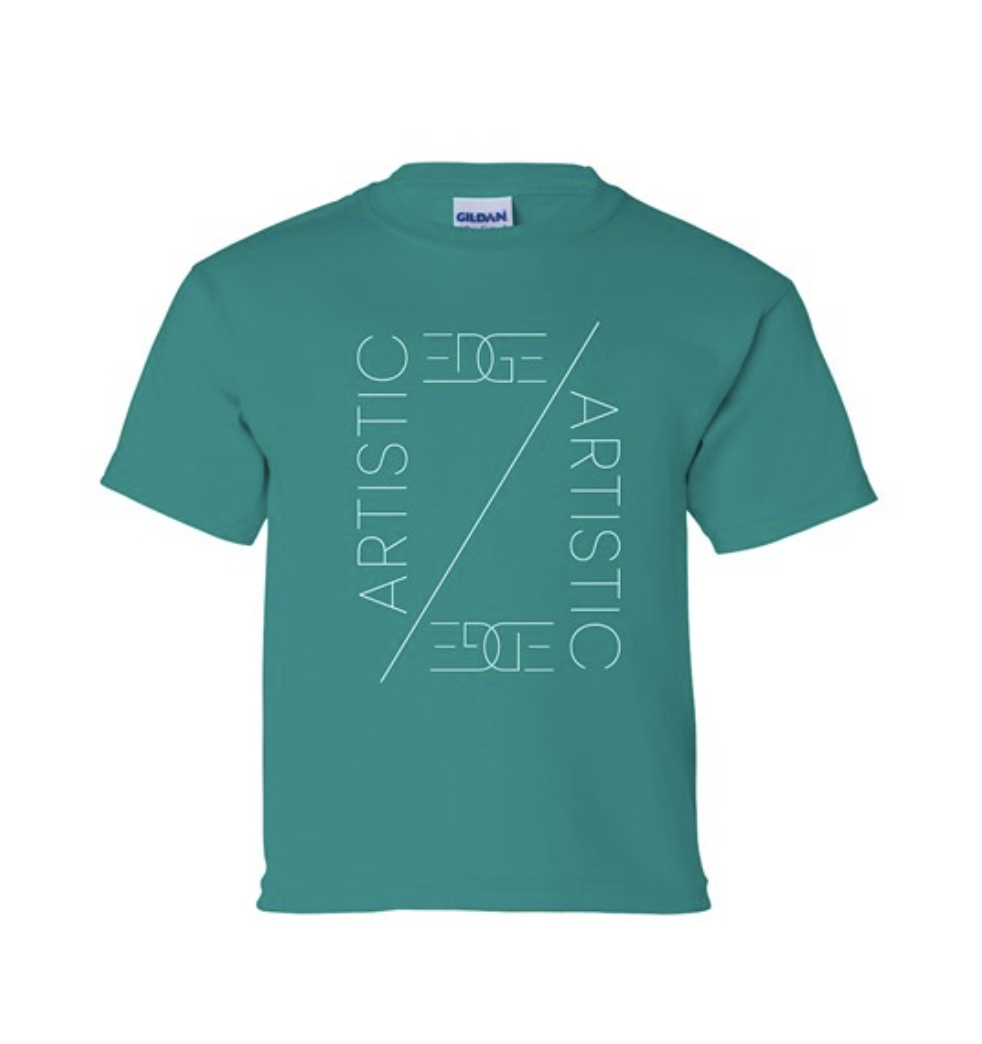 teal t-shirt that reads 'Artistic Edge' in a box with a line striking diagonal